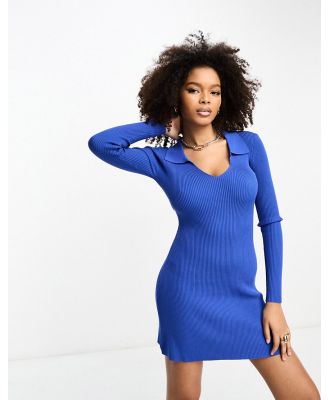 Glamorous collar detail fit and flare knit mini dress in blue