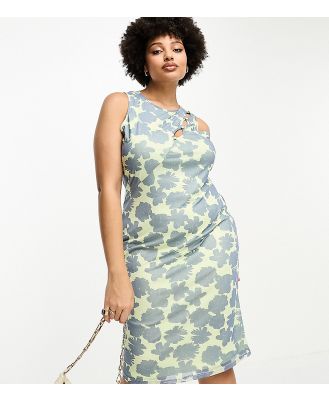 Glamorous Curve cut out midi slip dress in blue green floral