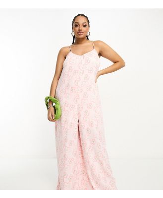 Glamorous Curve lace up back strappy smock jumpsuit in pink floral