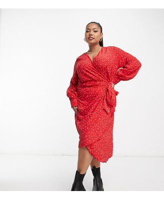 Glamorous Curve long sleeve fitted wrap dress in multi red ditsy