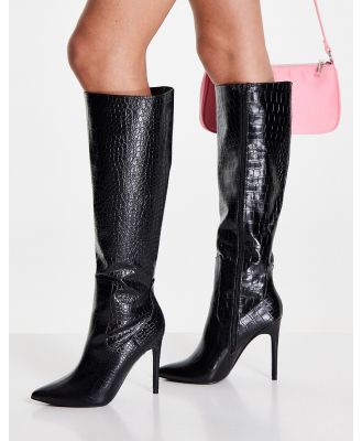 Glamorous knee high heel boots in black croc