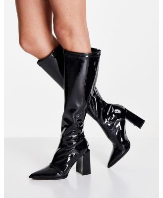 Glamorous knee high heel boots in black stretch patent
