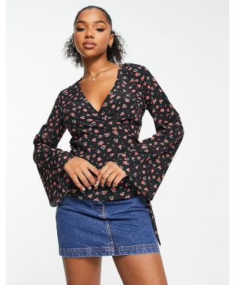 Glamorous long sleeve rose print wrap top in black