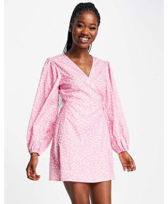 Glamorous long sleeve wrap mini dress in pink ditsy floral-Multi