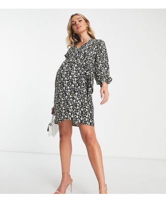 Glamorous Maternity long sleeve wrap dress with tie waist in bright ditsy-Black