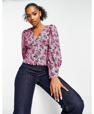 Glamorous multi rose print button through blouse in pink