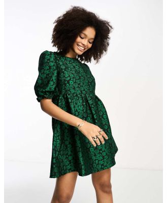 Glamorous open back bow detail puff sleeve mini dress in floral green jacquard-Black