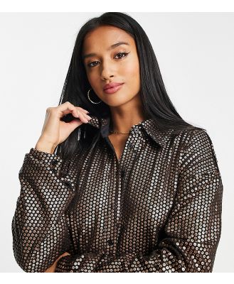 Glamorous Petite oversized shirt in matte brown sequin (Part of a set)-Multi