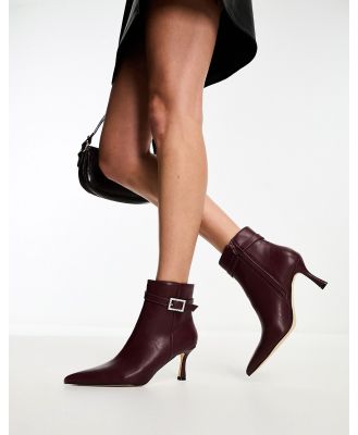 Glamorous rhinestone buckle mid heel ankle boots in oxblood-Red