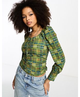 Glamorous ruched front puff sleeve blouse in green check