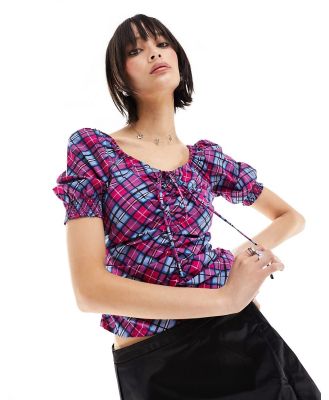 Glamorous ruched front puff sleeve blouse in pink check