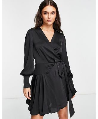 Glamorous ruffle detail wrap dress in black sateen