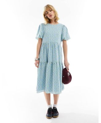 Glamorous short sleeve volume smock dress in blue yellow ditsy