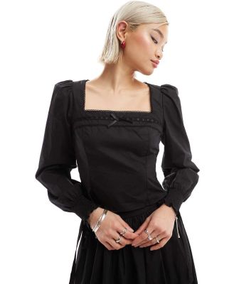 Glamorous square neck bow detail fitted blouse in black poplin (part of a set)