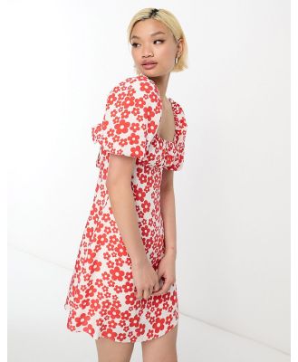 Glamorous square neck mini smock dress with tie back in red floral