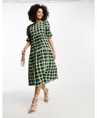 Glamorous tiered puff sleeve tie back midi dress in green check