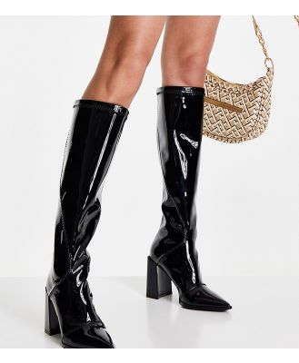 Glamorous Wide Fit block heel knee boots in black patent stretch