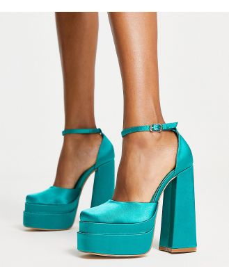 Glamorous Wide Fit platform heel sandals in teal satin exclusive to ASOS-Blue