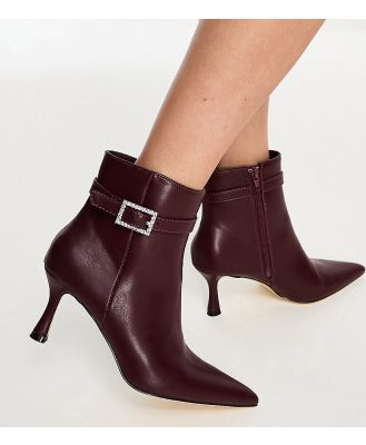Glamorous Wide Fit rhinestone buckle mid heel ankle boots in oxblood-Red