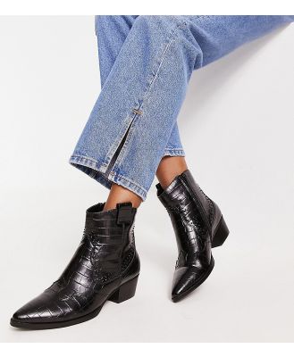Glamorous Wide Fit western ankle boots in black croc
