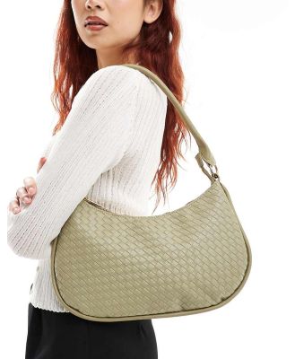 Glamorous woven detail crescent shoulder bag in olive green