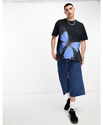Good For Nothing oversized t-shirt in black acid wash with large butterfly print