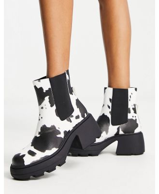 Heartbreak chunky heeled ankle boots in cow print-Purple