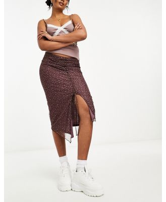 Heartbreak mesh midi skirt with split in ditsy floral print-Brown
