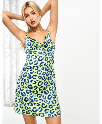 Heartbreak satin cowl neck mini dress in abstract leopard print-Green