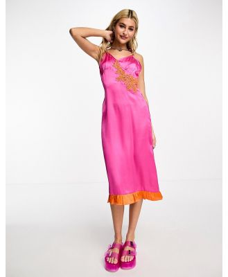 Heartbreak satin midi dress with lace contrast trim in pink