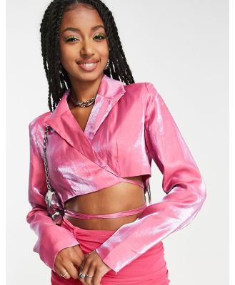 Heartbreak tie waist wrap front cropped blazer in pink shimmer (part of a set)