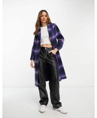 Helene Berman mid length wool blend wrap coat in purple check-Multi