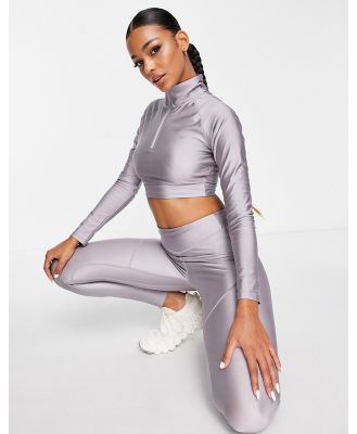 HIIT 1/4 zip crop top with long sleeve in gloss finish in metallic lilac-Grey