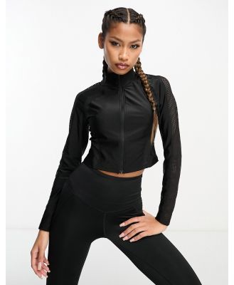 HIIT gloss high neck zip front top with mesh detailing-Black