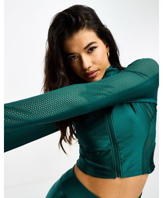 HIIT gloss high neck zip front top with mesh detailing-Green