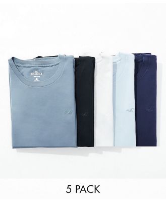 Hollister 5 pack crew neck t-shirt in tonal blues-Multi