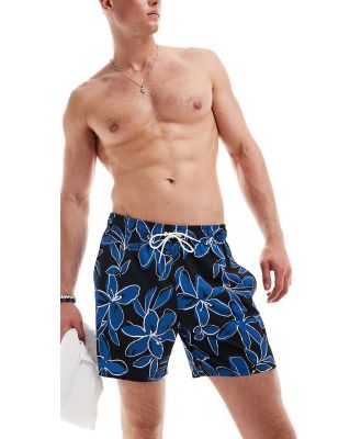Hollister 9inch floral print swim shorts in black and blue with side pockets