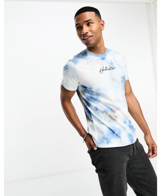 Hollister central logo tie dye wash t-shirt in blue/tan
