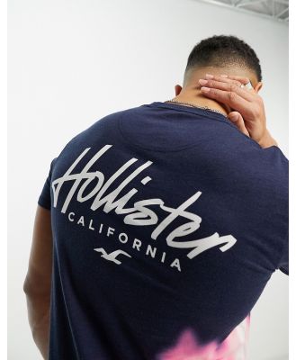 Hollister chest & back logo acid wash ombre longline t-shirt in blue-Black