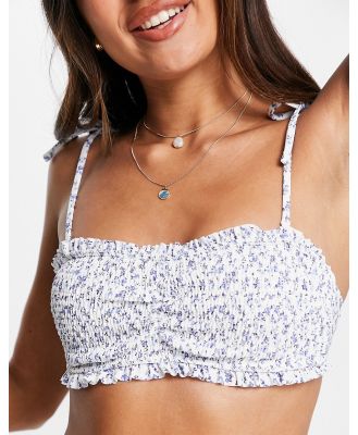 Hollister co-ord ruffle bandeau bikini top in blue ditsy floral print-White
