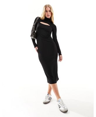 Hollister long sleeve midi knit dress with mock neck cut out in black