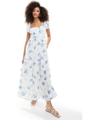Hollister ruched bust floral maxi dress with cut out back in white and blue