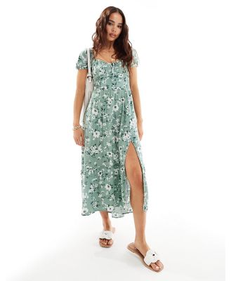 Hollister side smocked midi dress in green floral with side slit