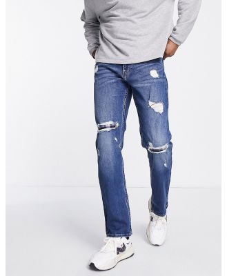 Hollister slim straight fit distressed flannel repair jeans in dark wash-Navy