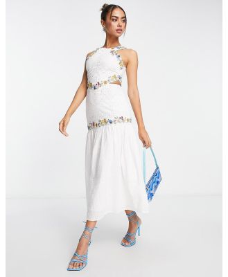 Hope & Ivy halter neck midaxi embroidered dress in ivory-White