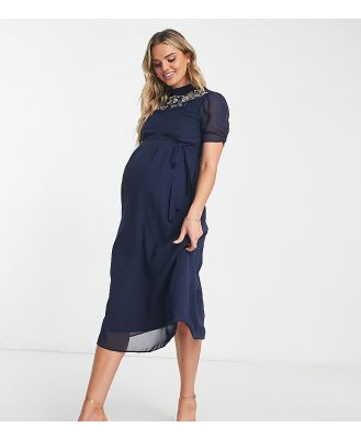 Hope & Ivy Maternity embroidered open back midi dress in navy-Blue