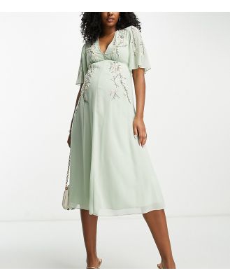 Hope & Ivy Maternity embroidered plunge flutter sleeve midi dress in sage-Green