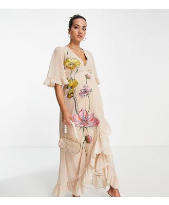 Hope & Ivy Maternity embroidered wrap maxi dress in peach floral-Pink