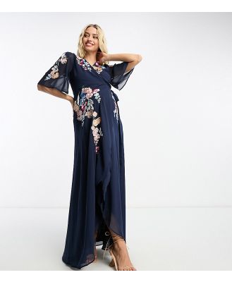 Hope & Ivy Maternity flutter sleeve embroidered wrap maxi dress in navy floral-Purple