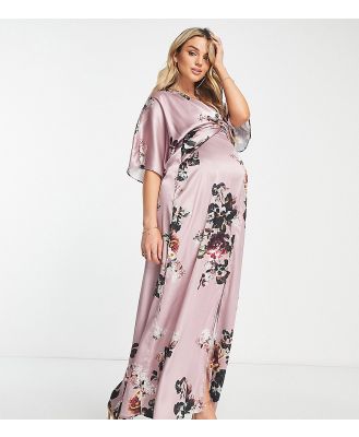 Hope & Ivy Maternity kimono sleeve satin maxi dress in mauve-Brown